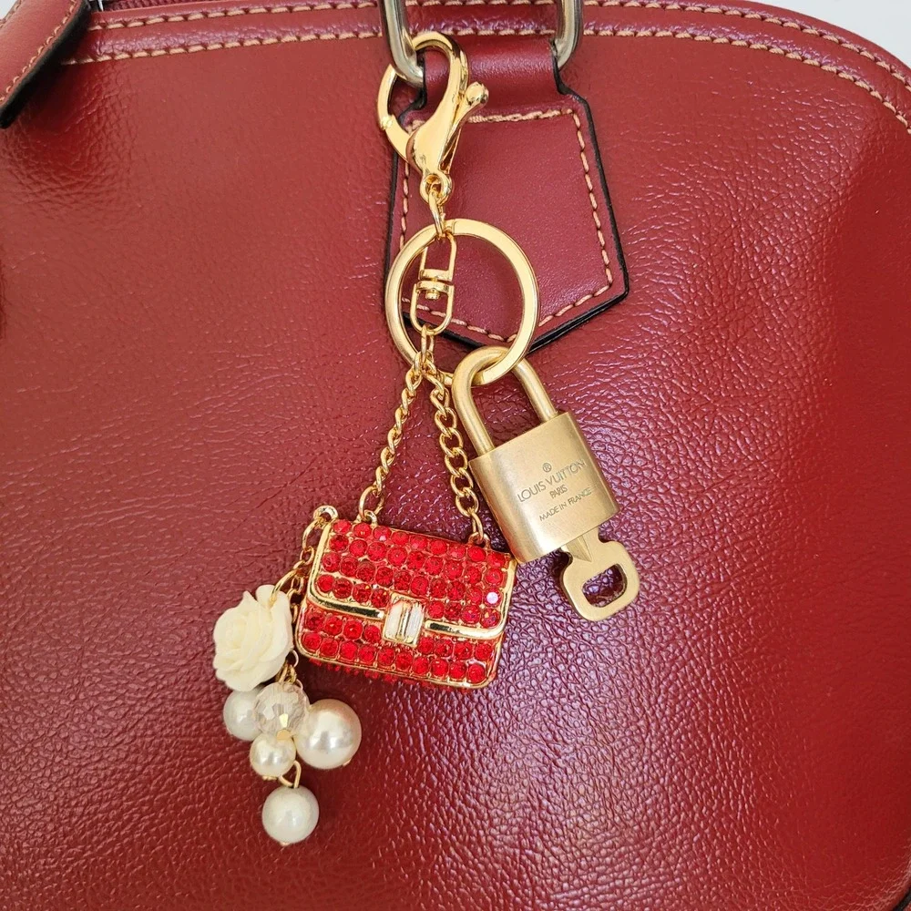 Louis Vuitton Authentic Padlock 311 Key Red Rhinestone Purse Pearl Bag Charm